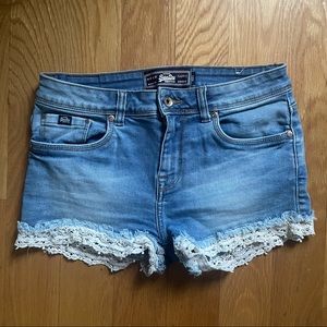 Superdry Jean Shorts Lace Trim Light Wash Stretchy